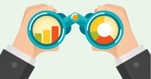 Hands holding binoculars with bar graph showing in left lens and Google logo showing in right lens.