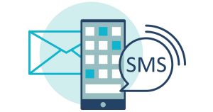 Abstract of mobile device display with SMS talk bubble overlaid.