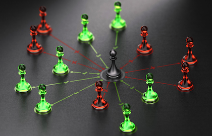 User persona, marketing concept. Red and green pawns with valid and broken links over black background. 3d illustration.