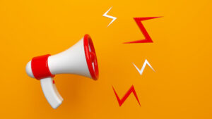 3D rendering concept of announcement, a megaphone on yellow background